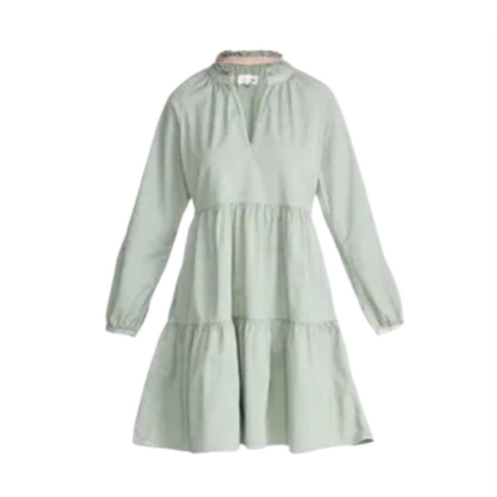 Sundry Tiered Panel Mini Dress Womens 1 Small Green Eucalyptus Long Sleeve VNeck - Picture 1 of 13